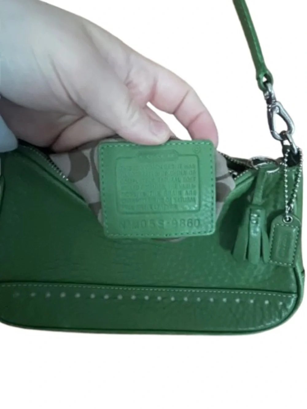 Coach Hamptons Small Perforated Pebbled Green Leather Demi Handbag